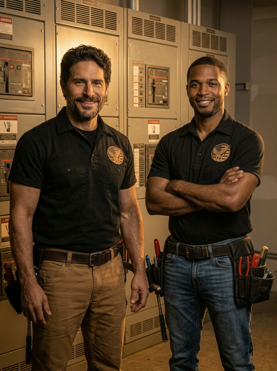 Patriot 3:16 Electric technician in branded uniform standing in front of an electrical panel