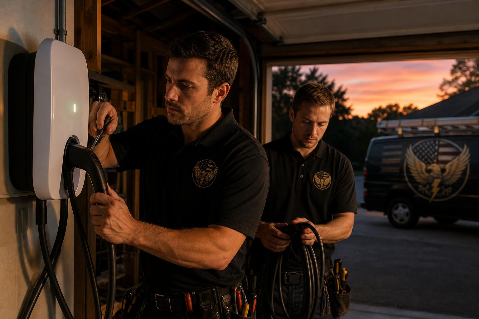 Patriot 3:16 Electric crew installing an EV charger in a Central Texas garage at dusk
